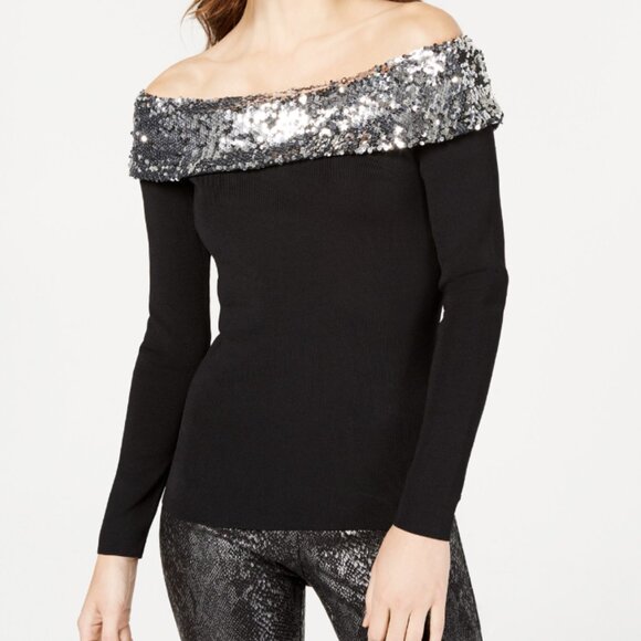 INC INTERNATIONAL CONCEPTS SEQUIN OFF SHOULDER SWEATER TOP SZ L - Picture 1 of 7
